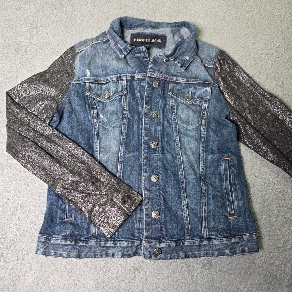 Express Jeans Womens Large Denim Jacket Blue Metallic Silver Sleeves Distressed